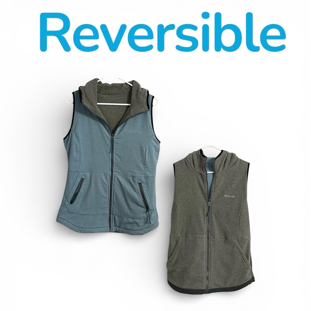 Columbia Women’s Reversible Full Zip Hooded Fleece Vest Blue & Gray Size XS